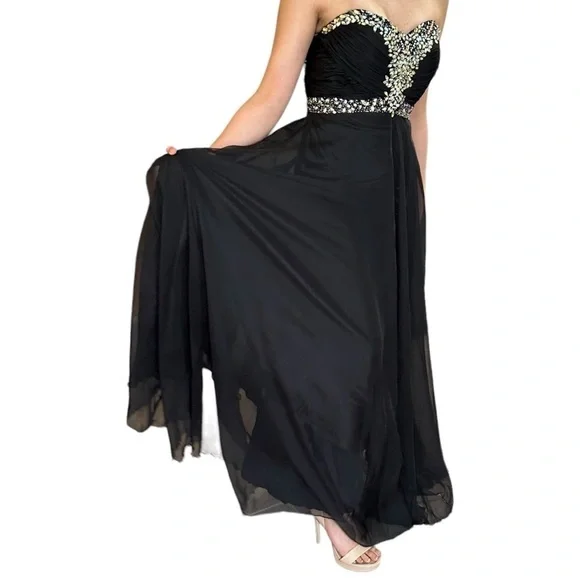 ✨Host Pick✨ BLACK CHIFFON PROM FORMAL EVENING GOWN WITH RHINESTONE ACCENTS 4 - Picture 7 of 16